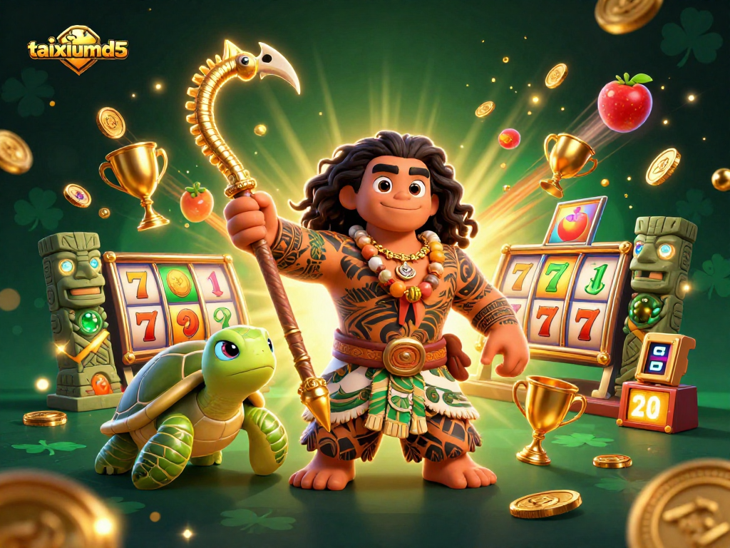 Spin the reels with taixiumd5 in a vibrant casino scene featuring dynamic elements and playful characters.