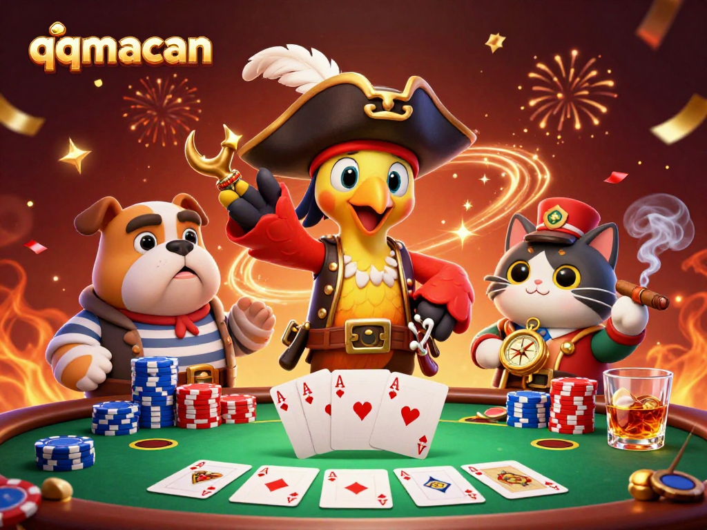 qqmacan showcases an energetic pirate-themed poker scene with characters and vibrant game elements.