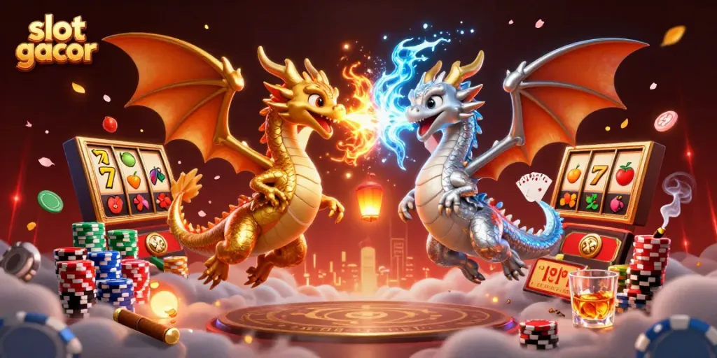 Visualisasi permainan slot gacor dengan dua naga 3D bersatu, simbol jackpot dan elemen kasino lainnya.