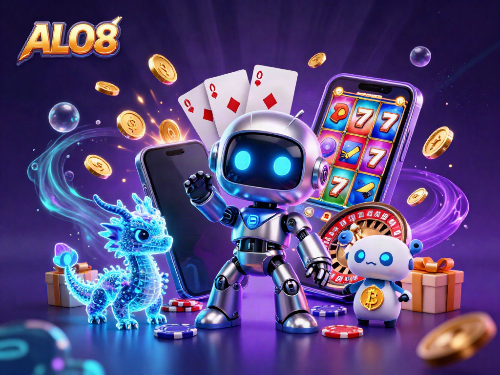 Engage in thrilling spins at ALO8 with a futuristic gaming scene featuring dynamic slot elements and a cyberpunk mascot.