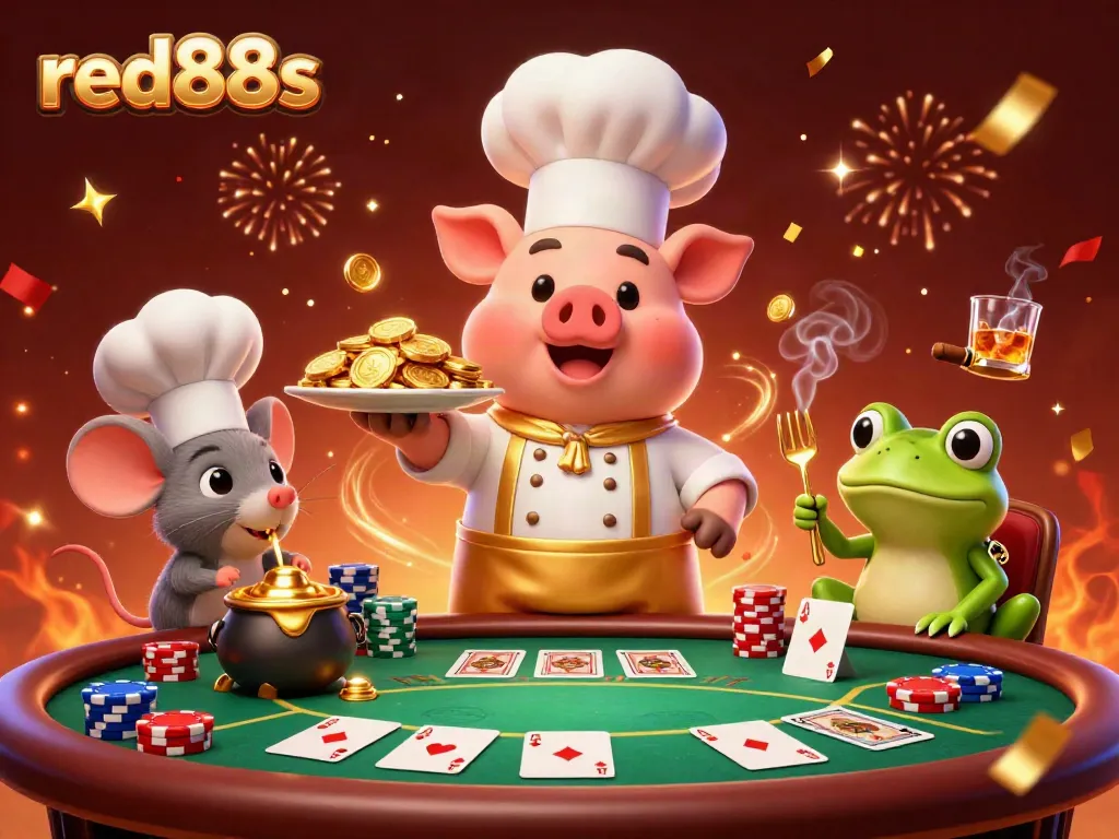 Engage in thrilling casino action with red88s as a chef pig serves gold coins amidst poker elements.