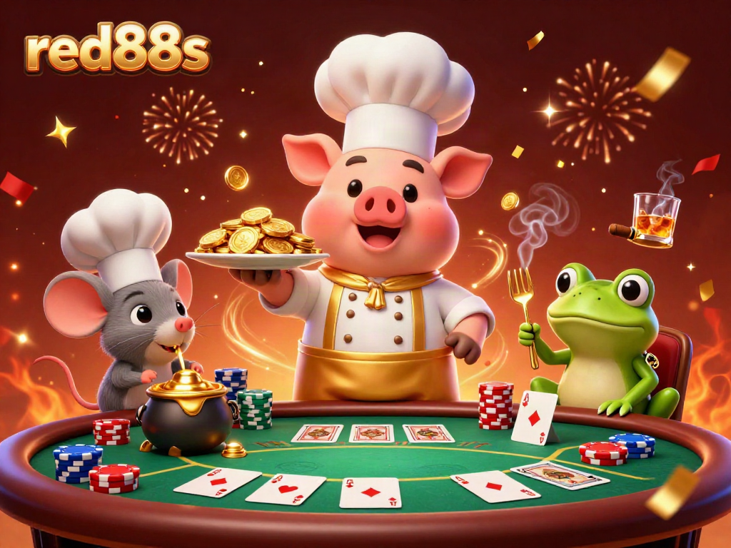 Engage in thrilling casino action with red88s as a chef pig serves gold coins amidst poker elements.