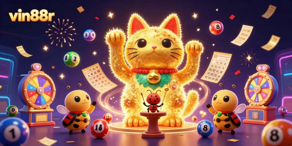 Experience the vibrant world of vin88r with a golden lucky cat and various casino elements.