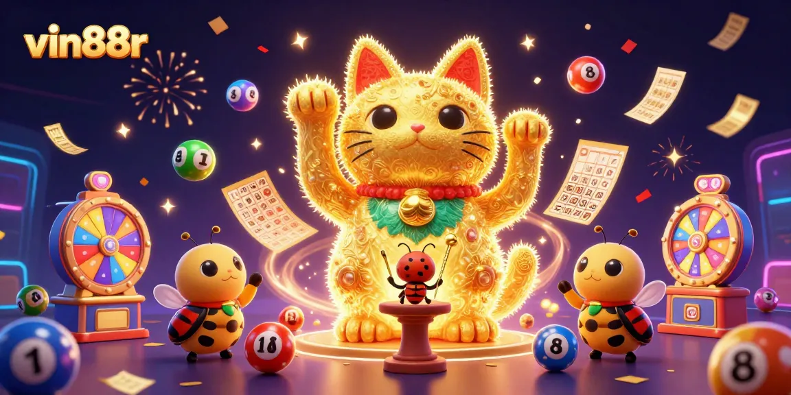 Experience the vibrant world of vin88r with a golden lucky cat and various casino elements.