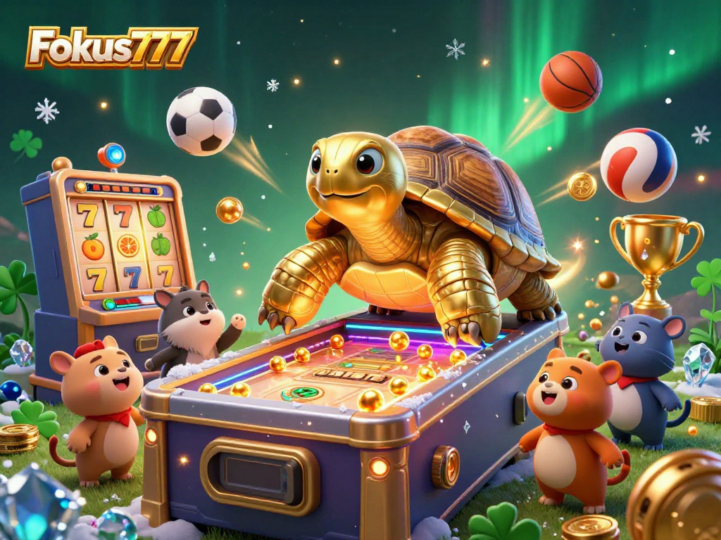 Spin the reels and win big with Fokus777, showcasing a vibrant 3D scene of games and excitement.