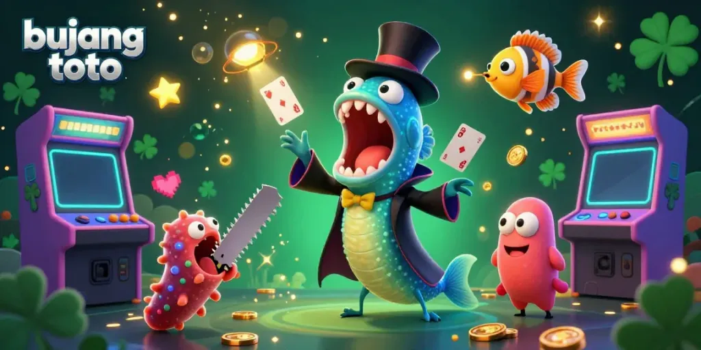 Bujang toto showcases a colorful scene with vibrant creatures performing magic tricks in a casino setting, illustrating dynamic gaming excitement.