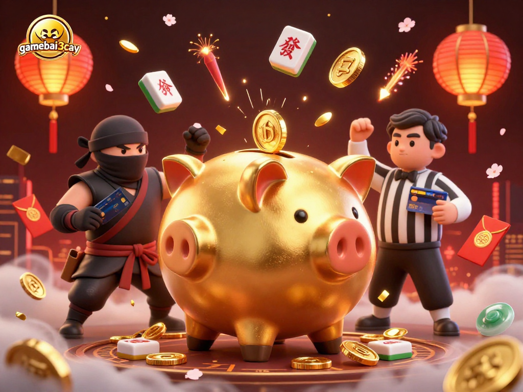 Gamebai3cay showcases a vibrant casino scene with a dynamic golden piggy bank sumo wrestler and lively game elements.