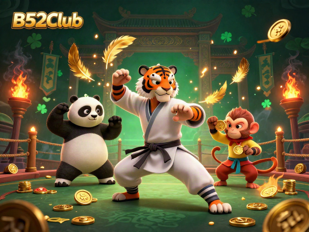 Experience dynamic action at B52Club with characters showcasing a vibrant casino atmosphere amidst swirling golden elements.