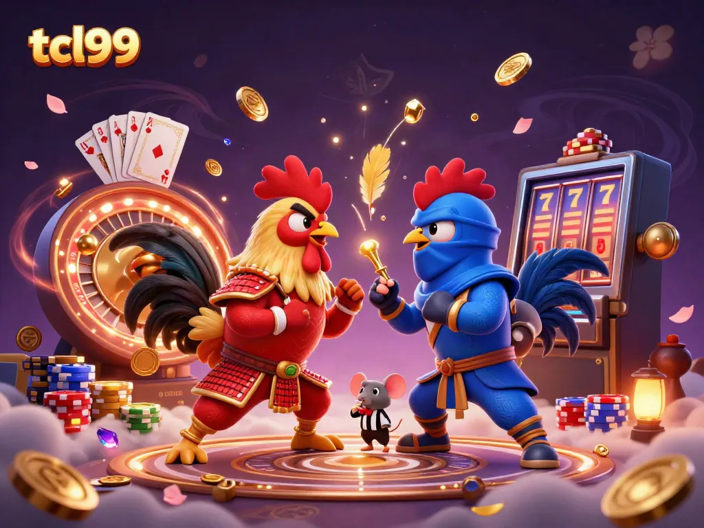 Engage with tcl99: Epic standoff of cartoon roosters in a dynamic casino scene