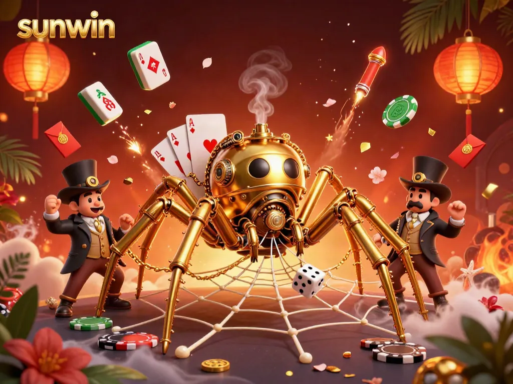 Engaging scene of sunwin's steampunk spider character capturing dice amidst poker elements and festive decorations.
