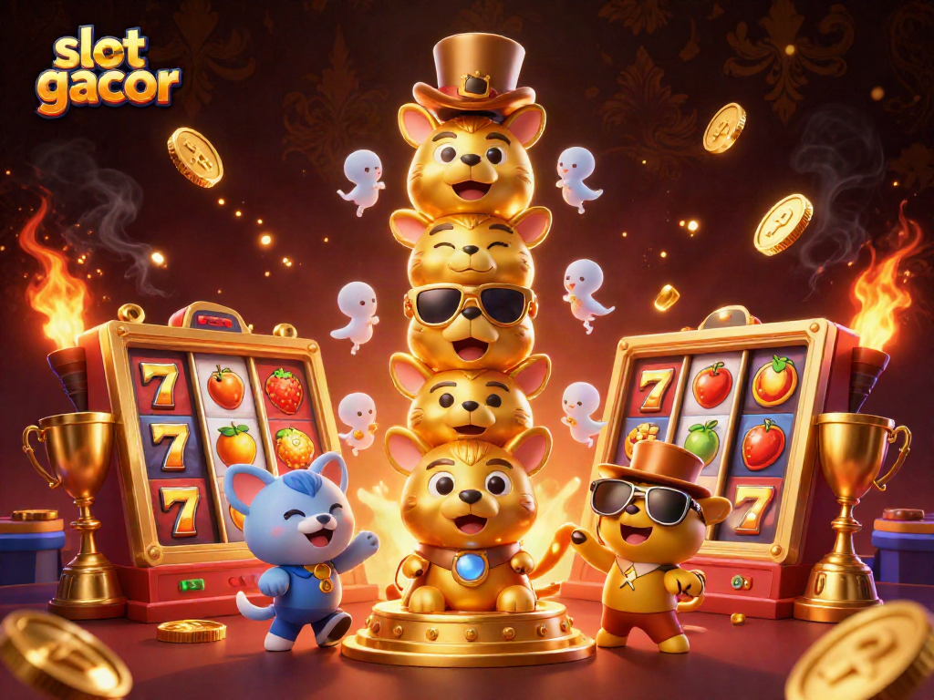 Play with slot gacor visuals as colorful coins and symbols create an energetic atmosphere.