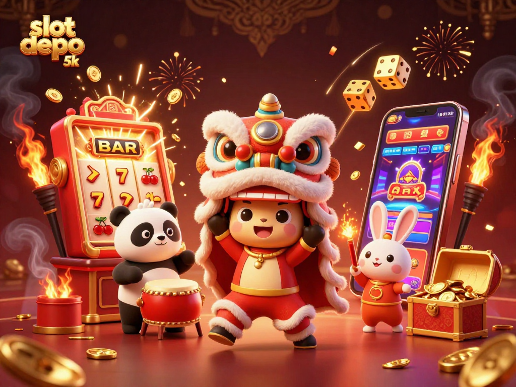 Experience thrilling jackpots and excitement with slot depo 5k, featuring dynamic characters and vibrant casino elements.