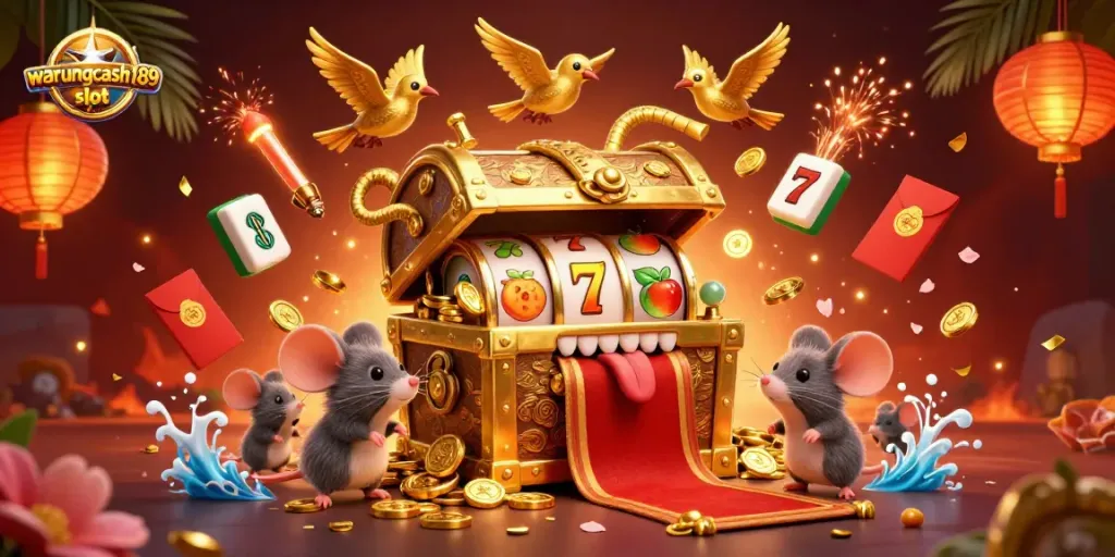 Engage in thrilling gameplay at warungcash189 slot with vibrant scenes of fruit symbols, slot reels, and festive decorations.