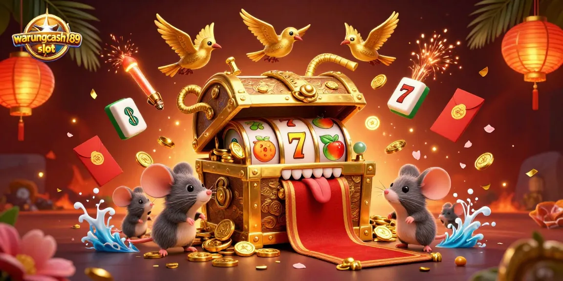 Engage in thrilling gameplay at warungcash189 slot with vibrant scenes of fruit symbols, slot reels, and festive decorations.