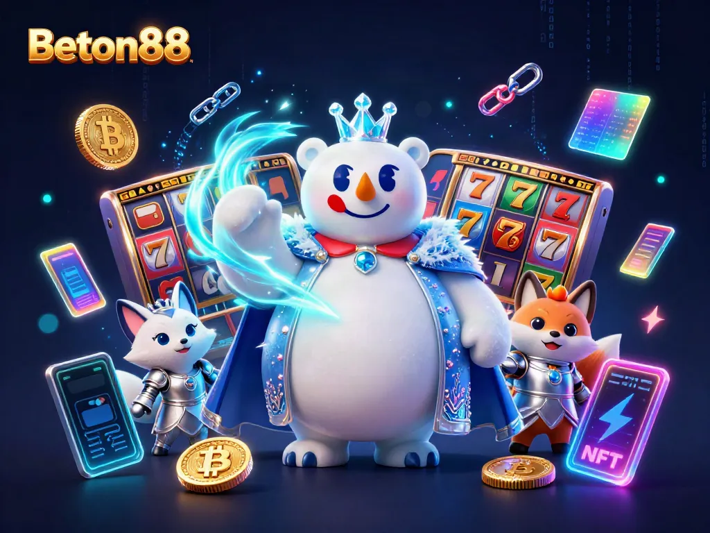 Beton88 menghadirkan slot reels dan jackpot yang berkilau, dikelilingi oleh karakter beruang kutub dan rubah salju, dalam ilustrasi 3D yang menarik.