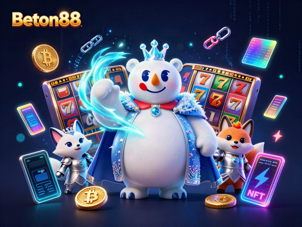 Beton88 menghadirkan slot reels dan jackpot yang berkilau, dikelilingi oleh karakter beruang kutub dan rubah salju, dalam ilustrasi 3D yang menarik.