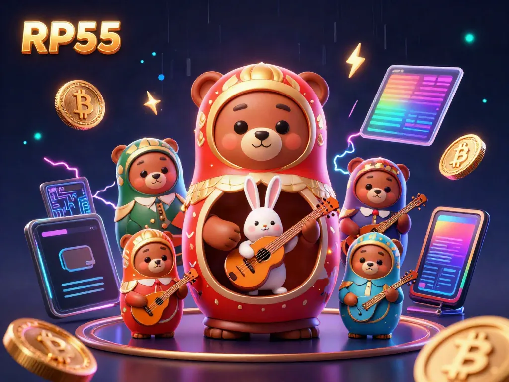 Engage with RP55's dynamic gaming scene featuring casino-themed Matryoshka bears and crypto elements.