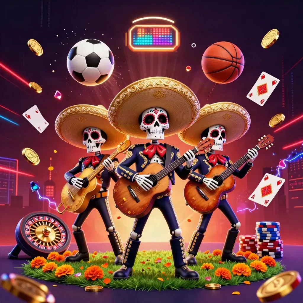 Skeleton mariachi trio amid flying casino coins, soccer ball, chips and neon energy.