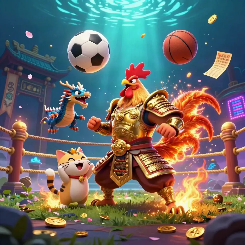 Rooster warrior, dragon hatchling and fortune cat amid soccer and basketball chaos in neon casino light