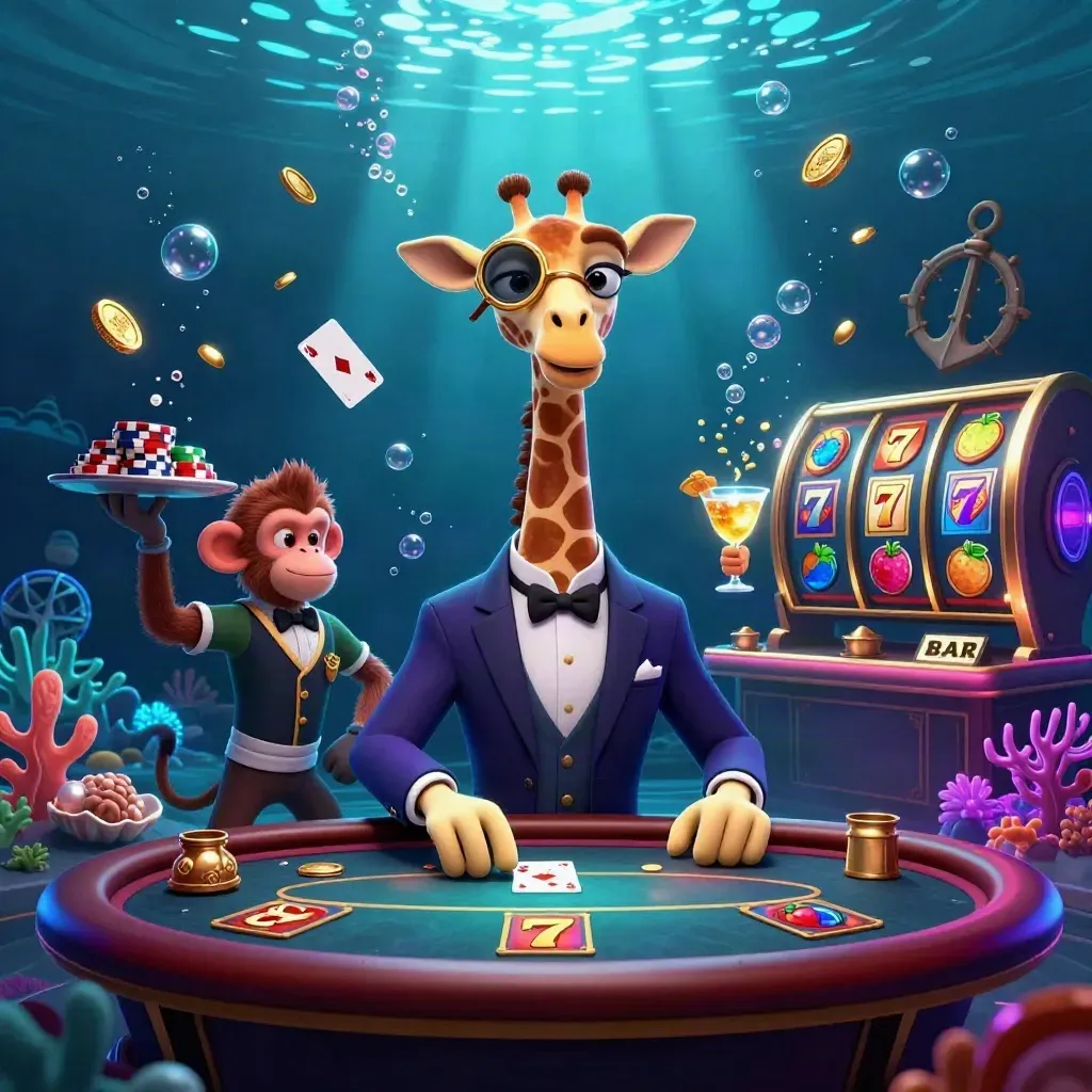 Giraffe high roller, monkey valet, and chameleon bartender amid a glowing underwater casino treasure cove.
