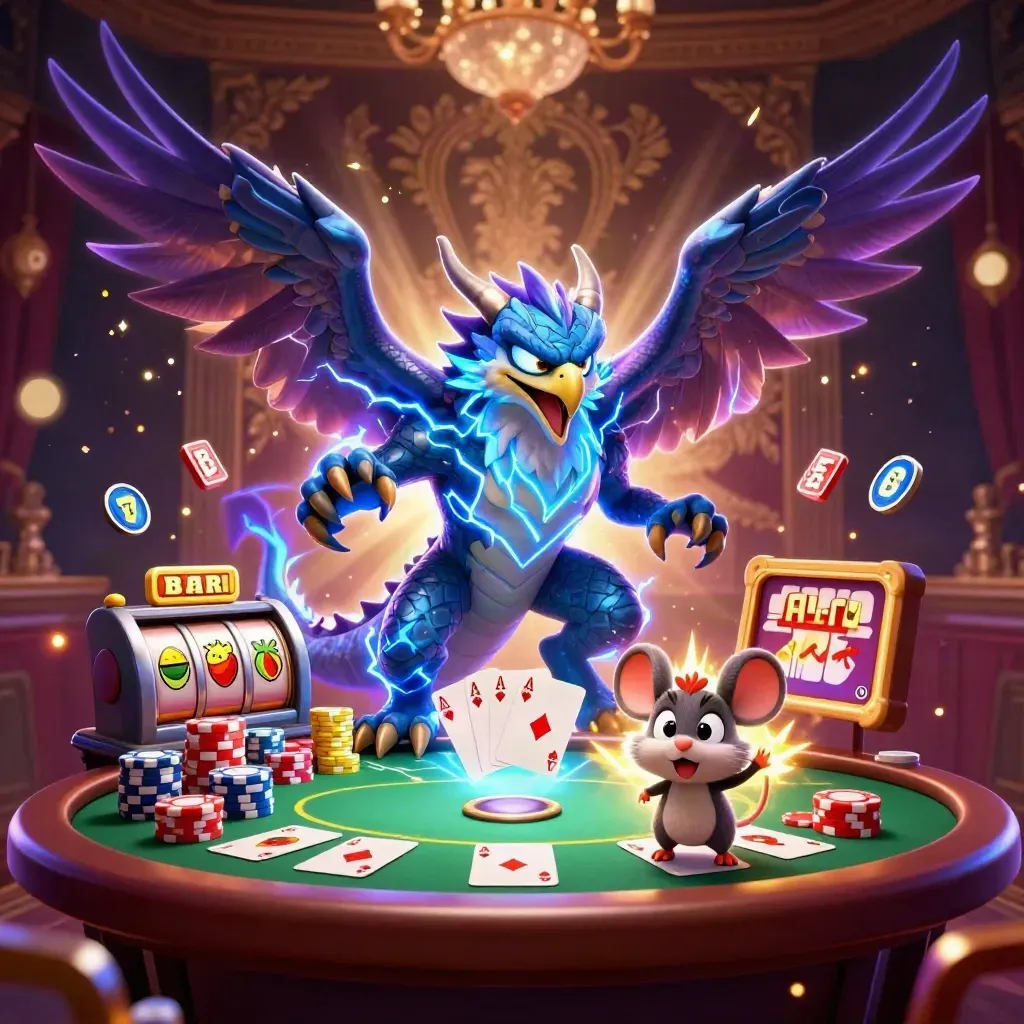 Thunder dragon, glowing hawk and static mouse amid casino cards, chips and slot reels.