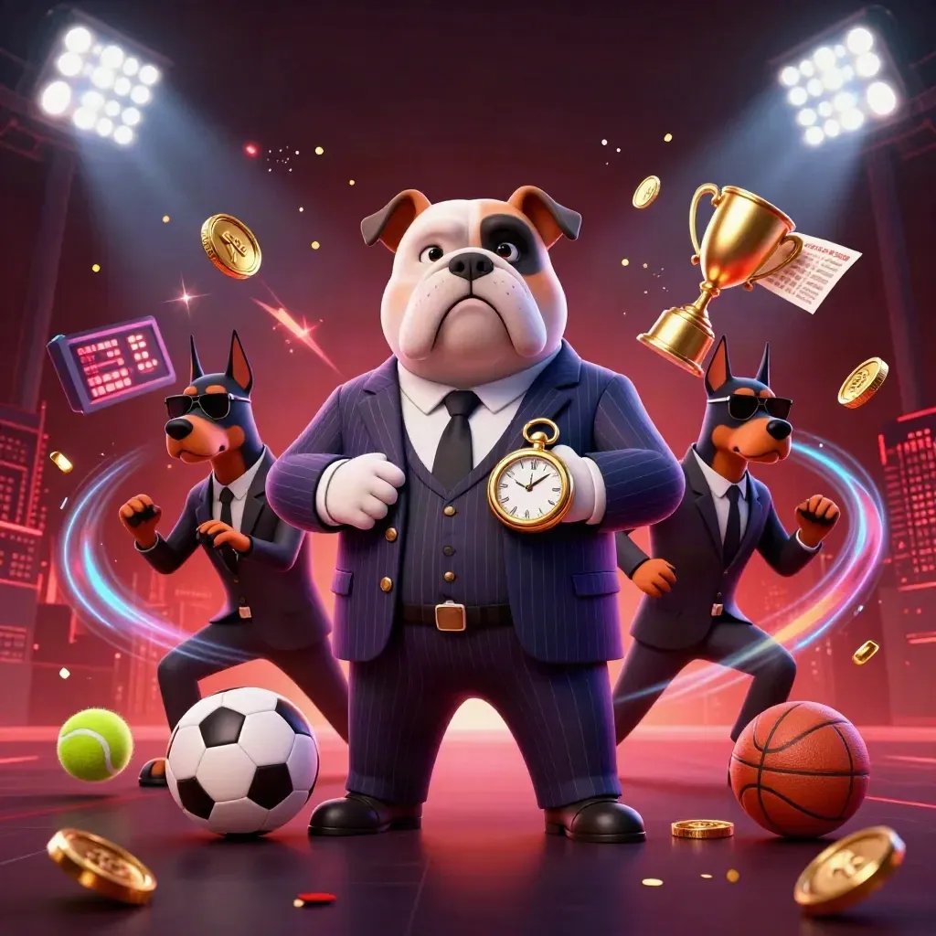 Bulldog boss and Dobermans amid flying sports balls, gold coins, and casino lights.