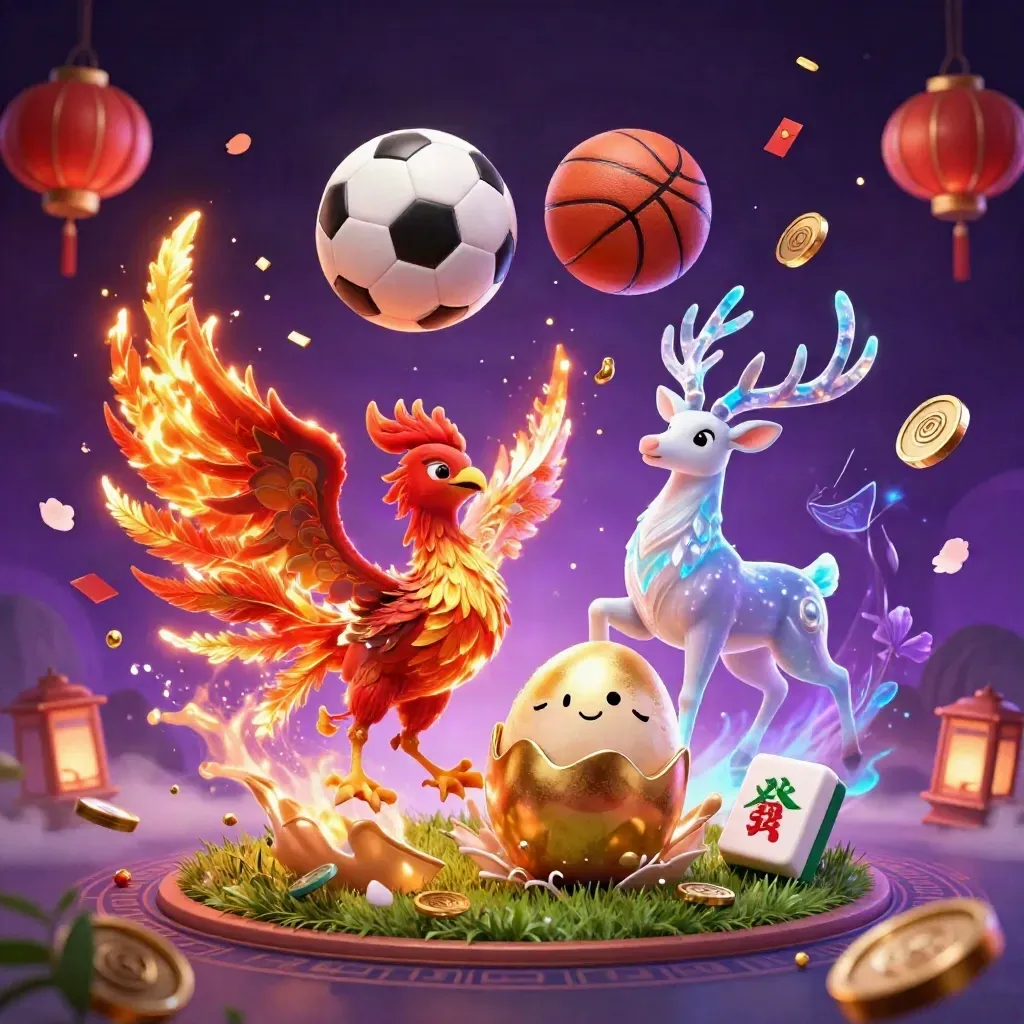 Phoenix, hatchling and crystal stag amid flying sports gear in a luxe neon casino scene.