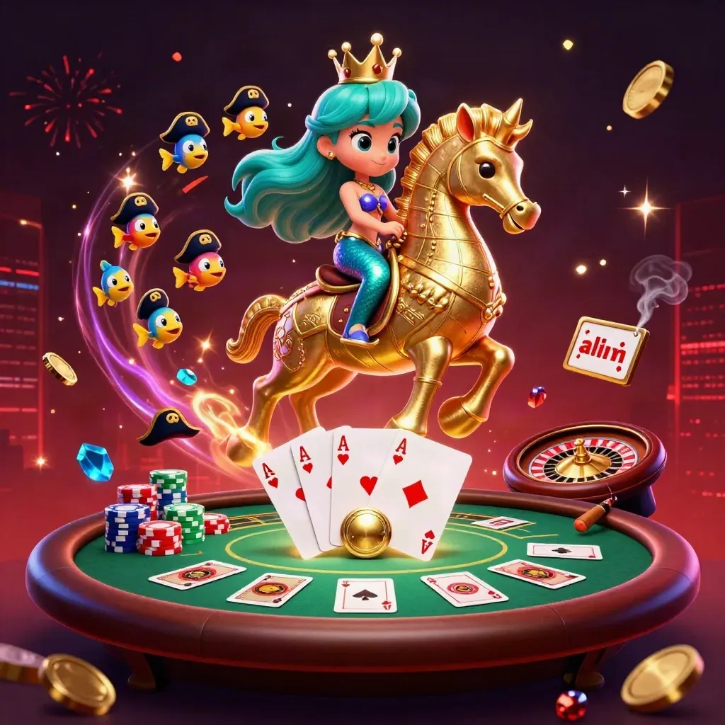 Mermaid princess on armored seahorse amid poker, chips, roulette, fireworks, and casino glow
