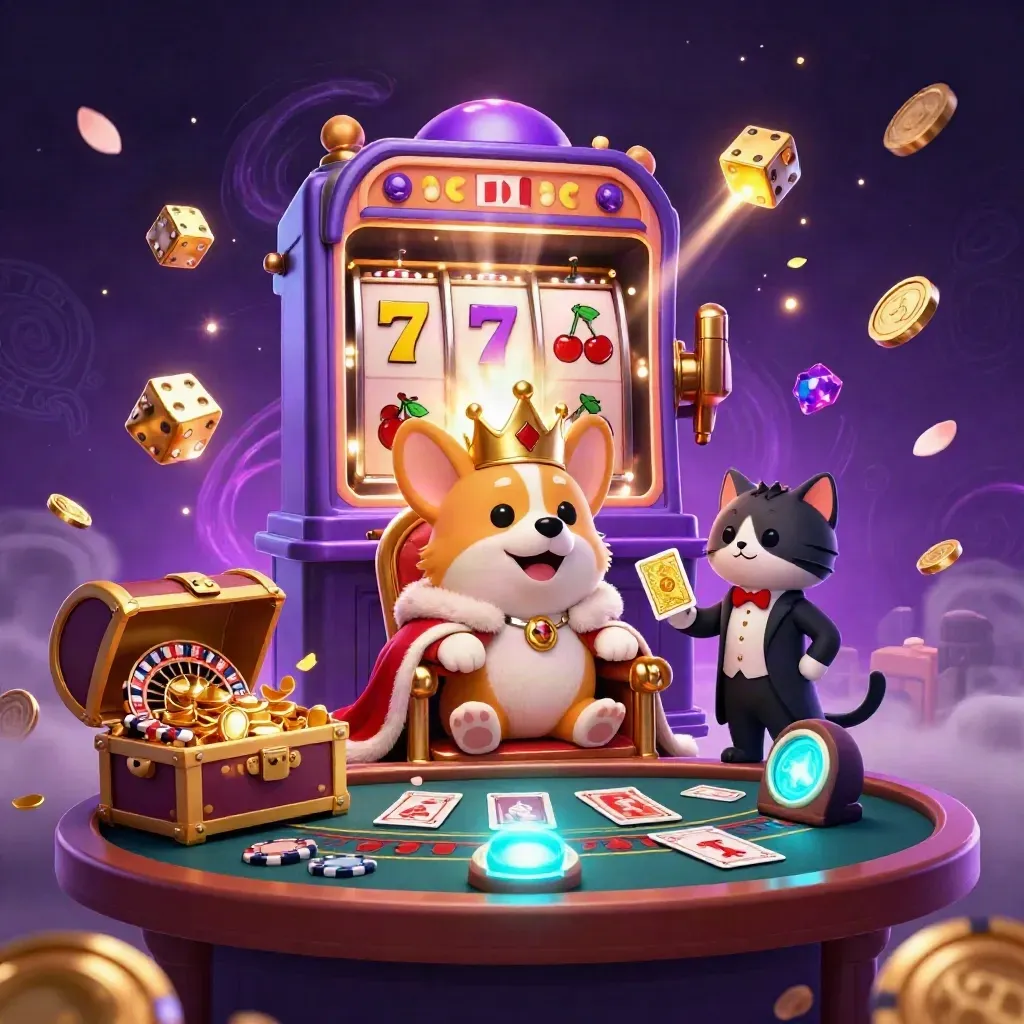Royal corgi and cat butler amid jackpot slots, gold, neon smoke, and casino luxury