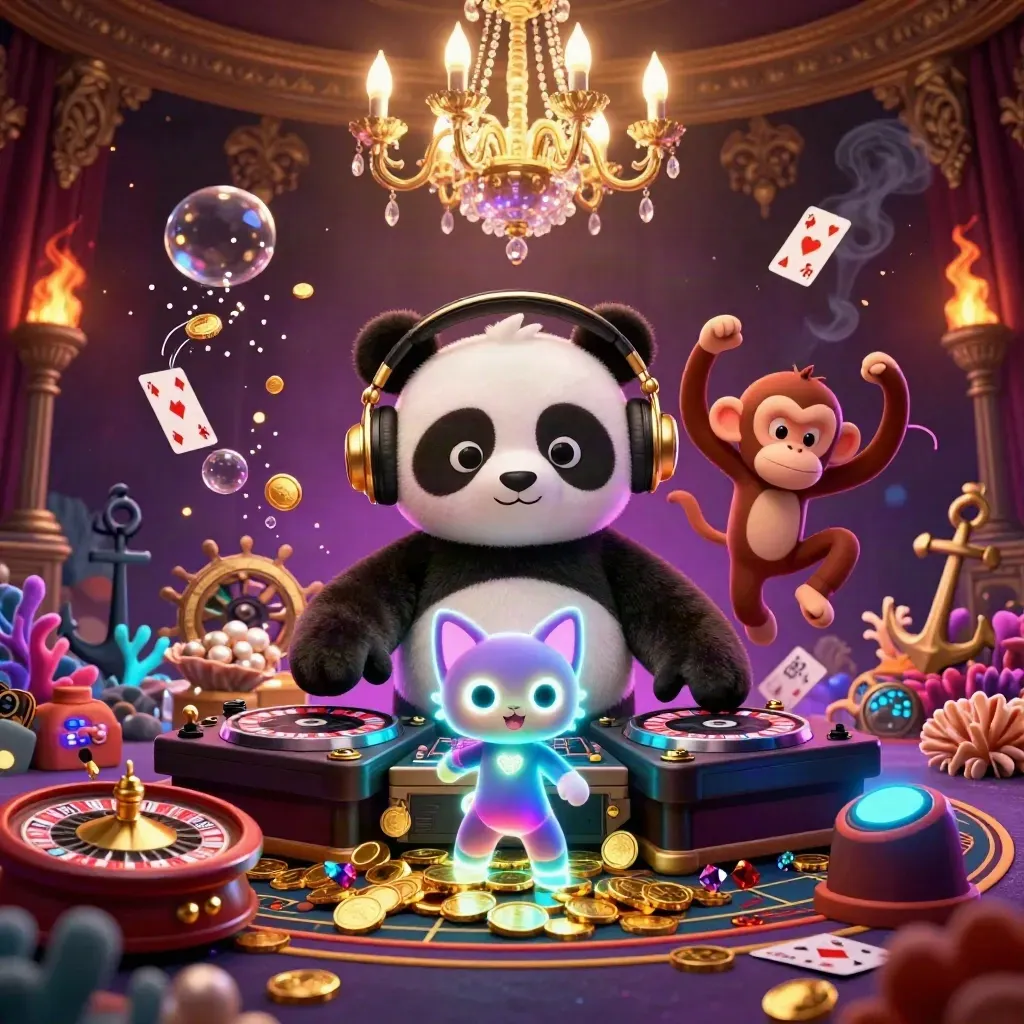 Panda DJ, monkey, and glow kitten amid casino luxury and treasure cove effects.
