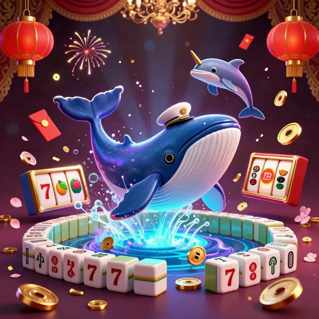 Whale captain, narwhal, and dolphins burst from coins amid neon casino treasures and cyan glow.