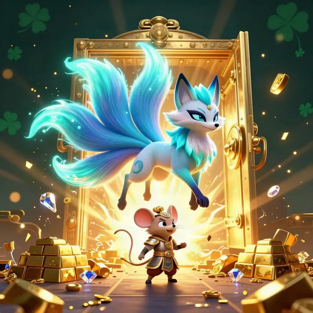 Nine-tailed fox spirit and armored mouse burst from a treasure vault amid gold and cyan glow.