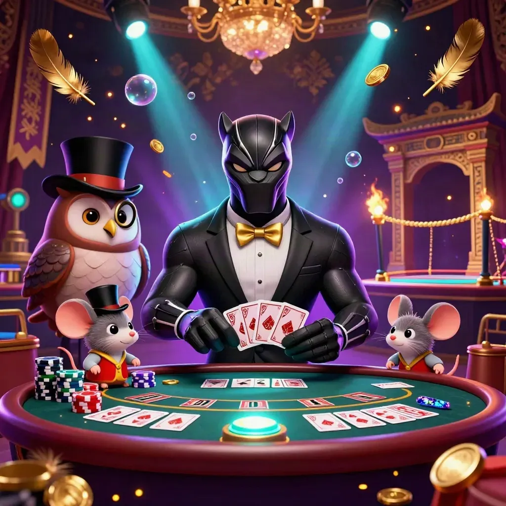 Panther dealer with owl and mouse in a luxe casino scene, coins, glow, and temple accents.