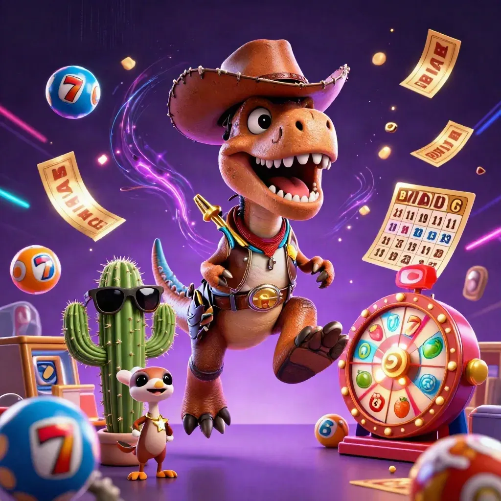 Cowboy T-Rex, cactus sidekick and sheriff roadrunner amid casino bursts and neon energy.
