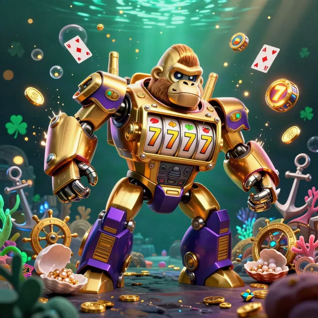 Golden gorilla mech with tiny monkey pilot bursts from a treasure cove, surrounded by coins, coral, cards, and glowing gems.
