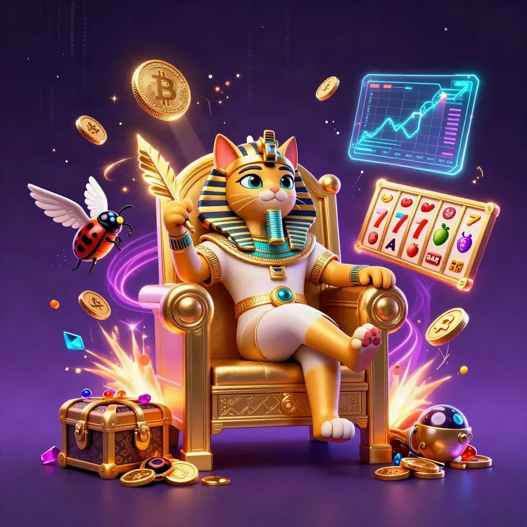 Pharaoh cat on a gold throne, ibis scribe, scarab swarm, coins and gems bursting in neon casino light
