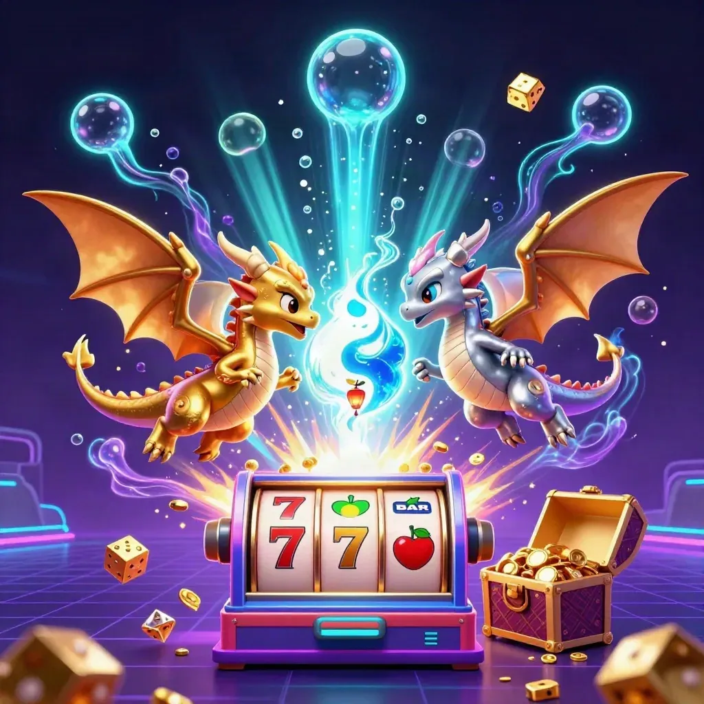 Twin gold and silver dragons whirl through a neon-cyan jackpot burst with treasure and casino effects.