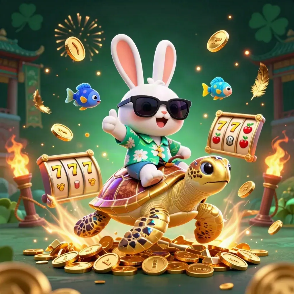 Lucky rabbit rides a golden turtle through casino riches, fireworks, coins, and slot symbols.