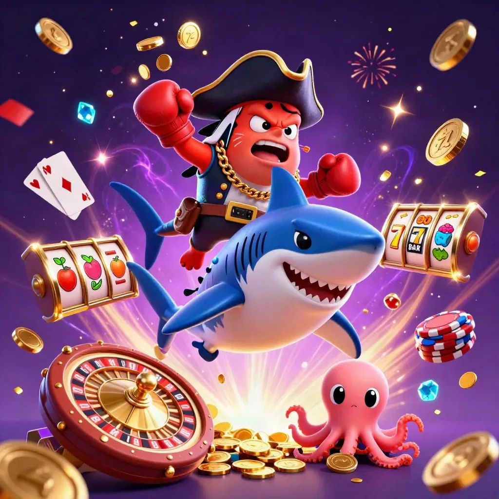 Pirate shark, angry pufferfish, and juggling octopus amid casino coins and fireworks.