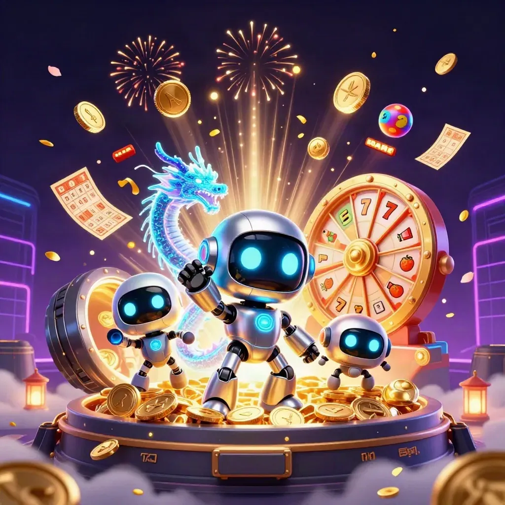 Robot, holographic dragon and coin drone amid gold coins, reels, bingo card and fireworks.