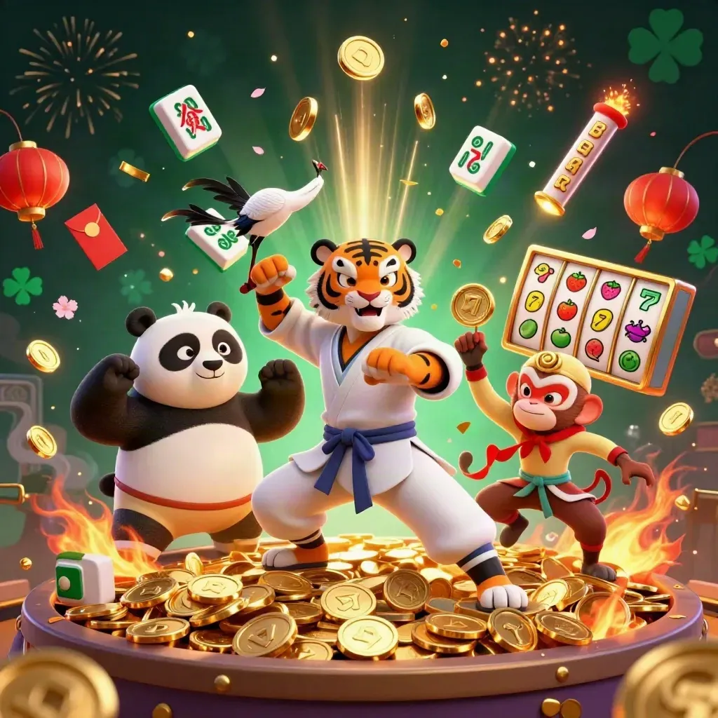 Tiger, panda, and monkey in a jackpot blast with coins, lanterns, and fireworks.