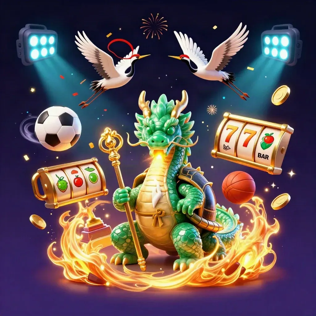 Jade dragon, turtle sage, and cranes amid coins, fireworks, slots, and casino lights.