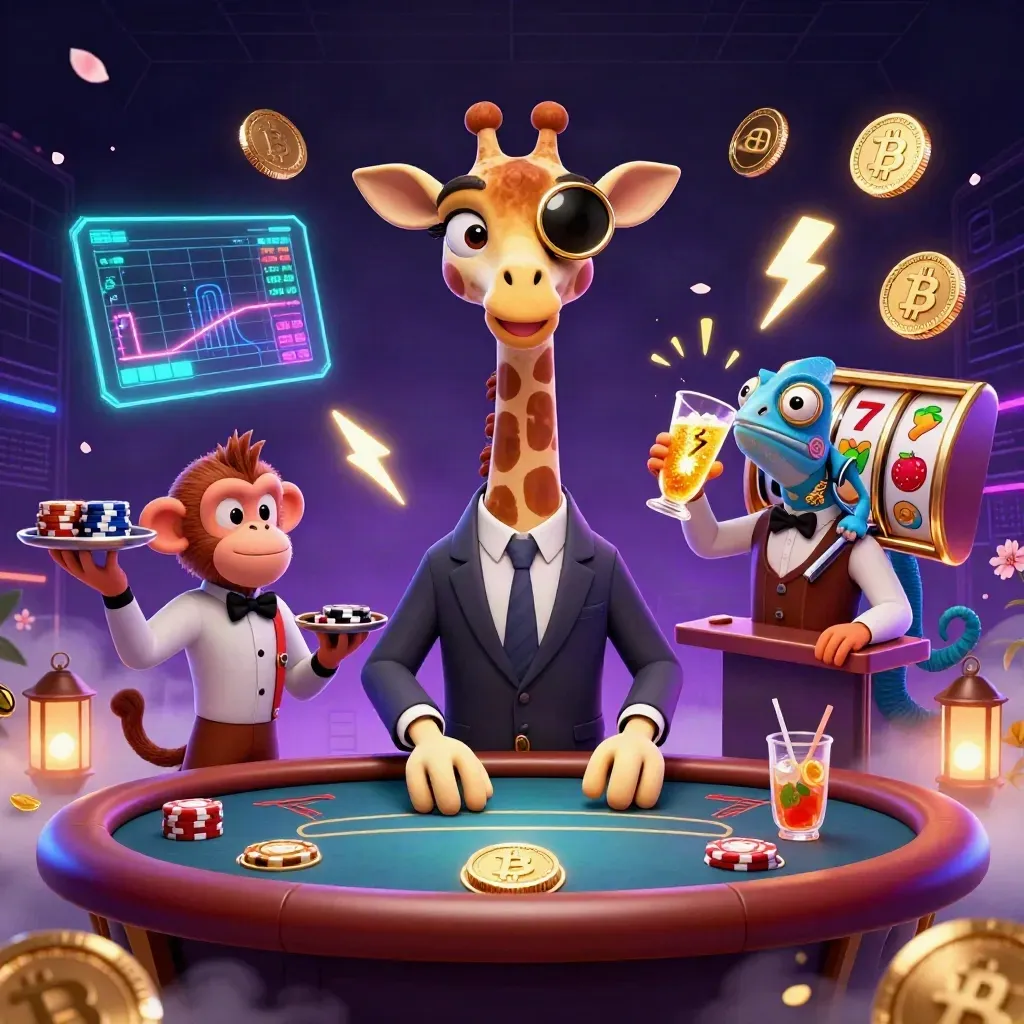 High-roller giraffe, monkey valet, and chameleon bartender amid neon casino energy.