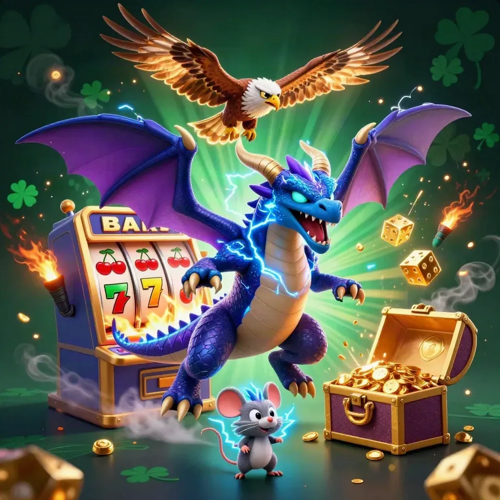 Thunder dragon, wind hawk and static mouse amid slot symbols and jackpot glow.
