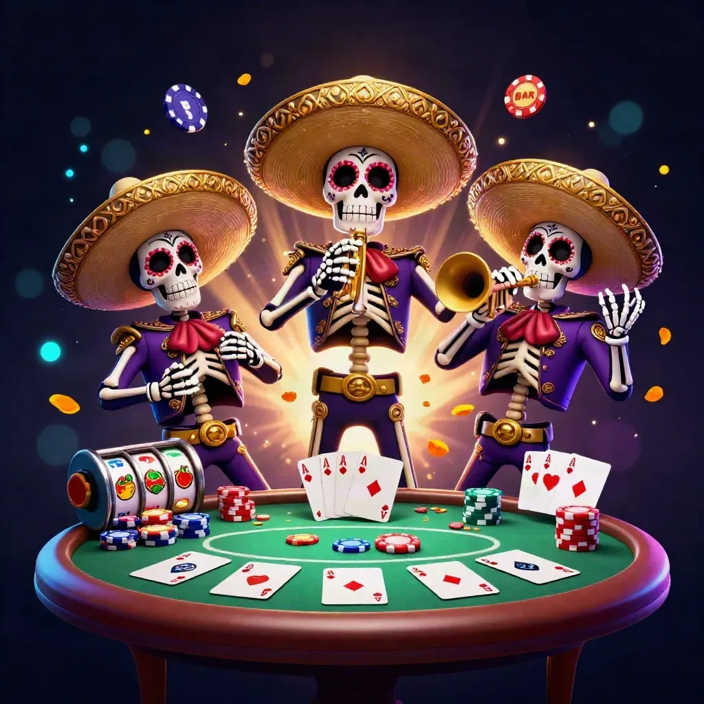 Skeleton mariachi trio amid chips, cards, slot reels, and glowing casino effects.
