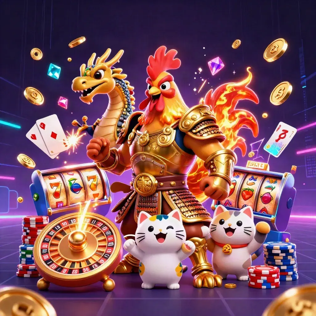 Rooster warrior, dragon hatchling and fortune cat amid casino coins, chips and neon sparks.