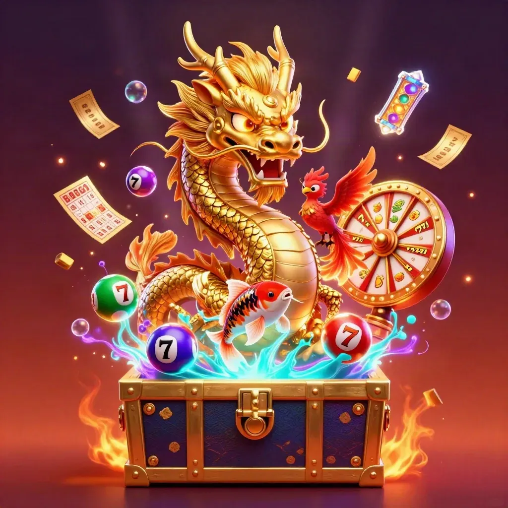 Golden dragon with phoenix and koi, casino symbols bursting in luxe neon glow