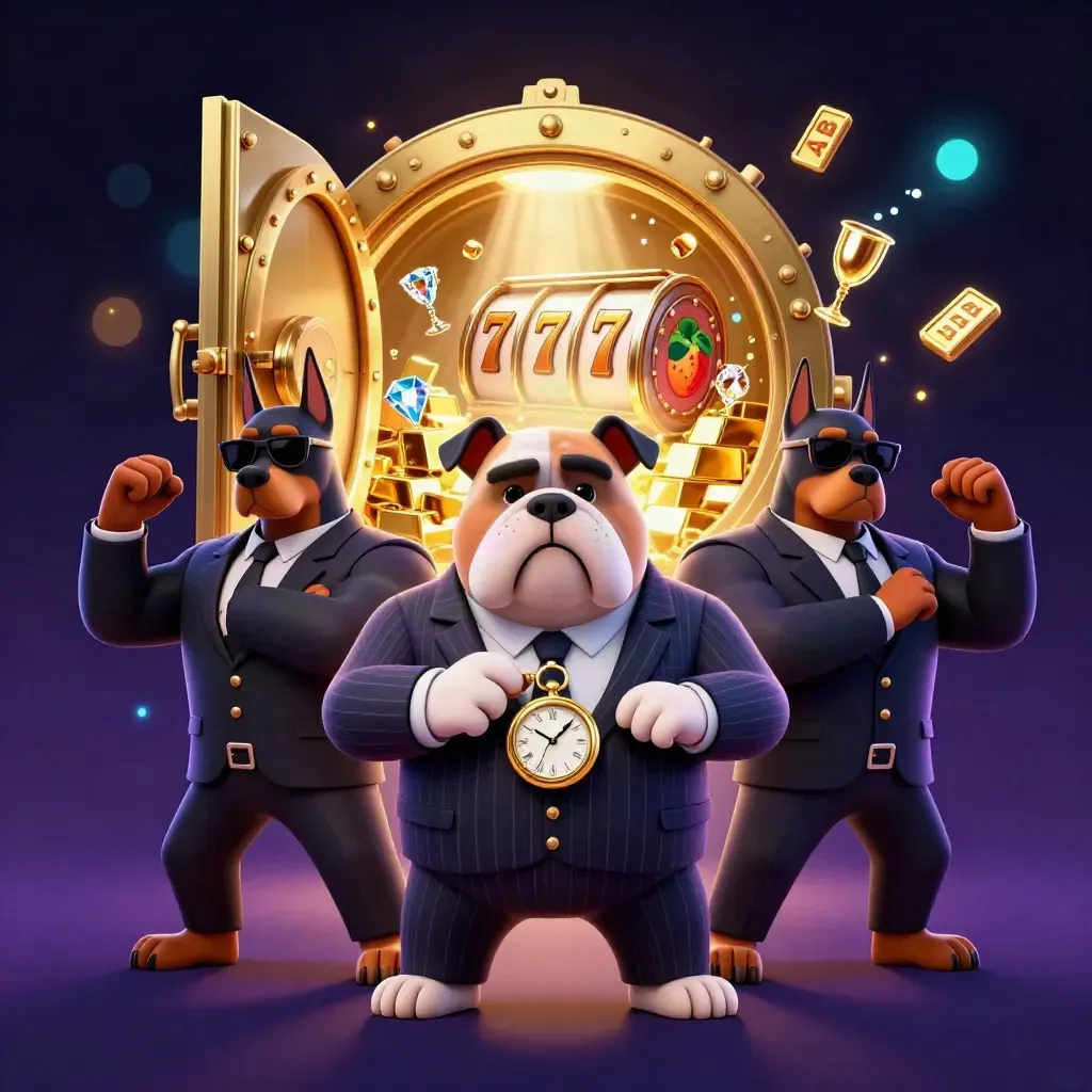 Bulldog boss and two Dobermans burst from a glowing vault with gold, gems, reels, and cyan sparks.