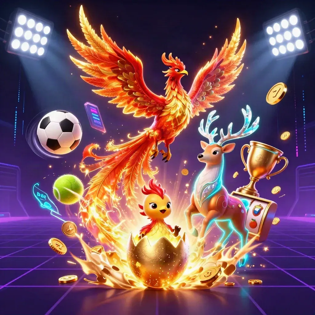 Phoenix, baby phoenix, and stag amid coins, balls, and gold casino energy.