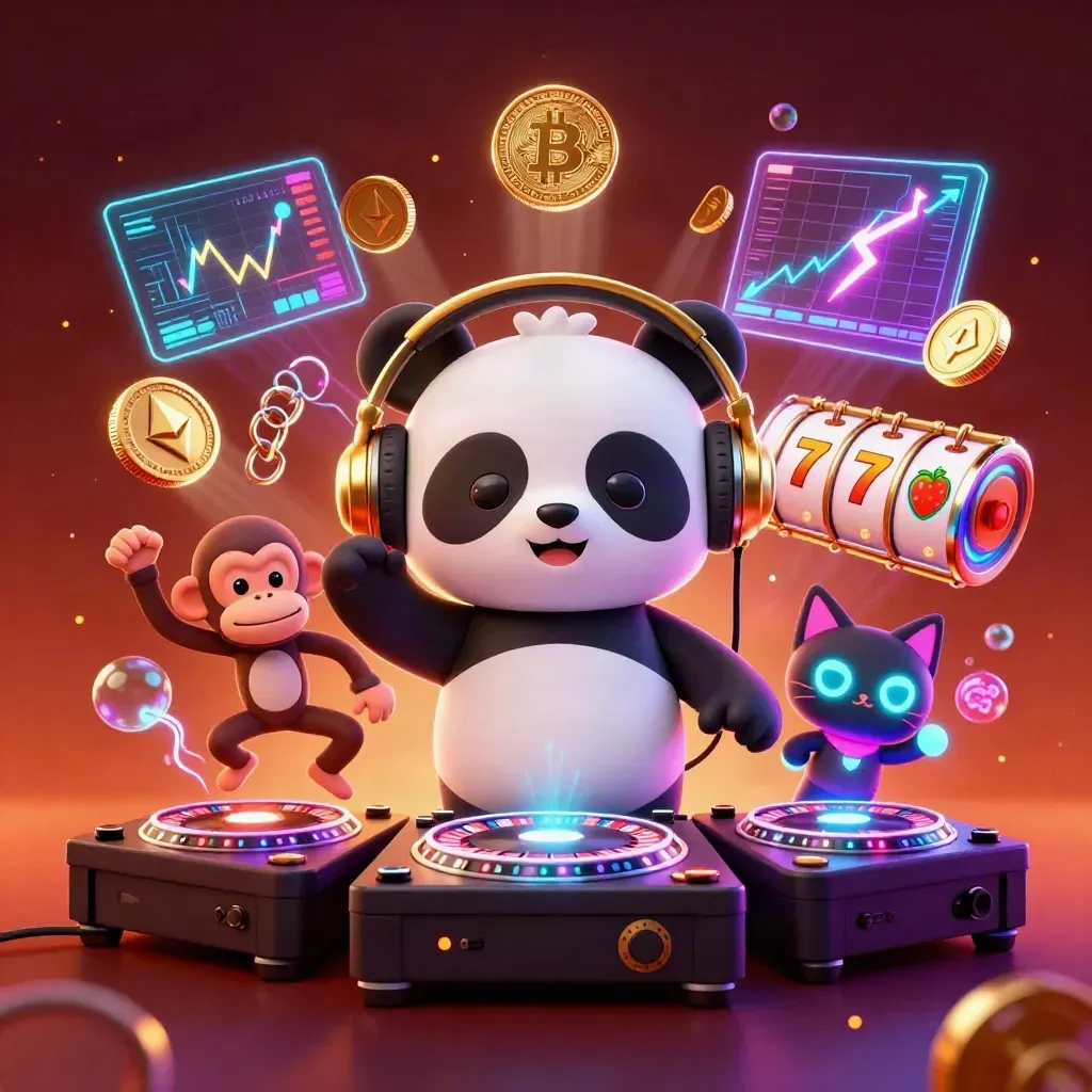 DJ panda, monkey and glow-stick kitten with neon casino effects and slot symbols.